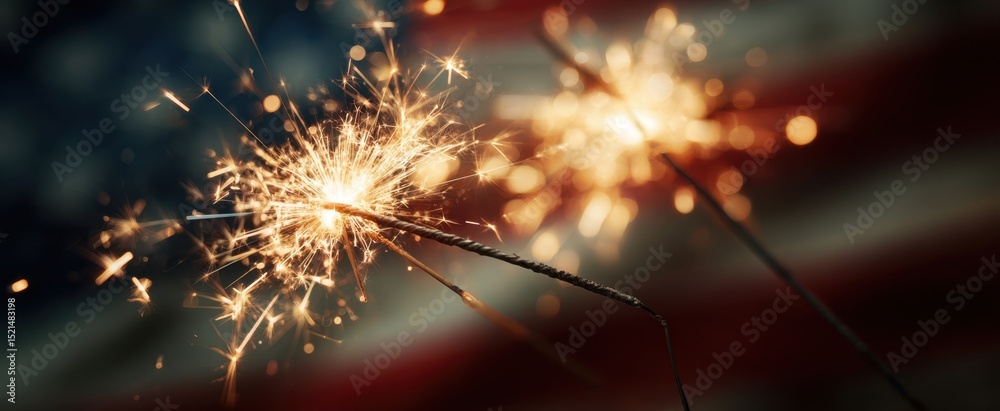 Fototapeta premium The Sparkler Glowing Brightly Against the American Flag Background