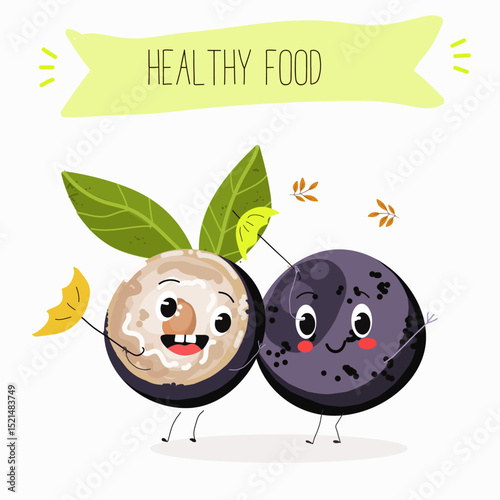 jaboticaba fruit cute funny cheerful characters. Vector hand drawn  illistration.