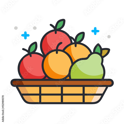 Assorted fresh fruit in a woven basket illustration