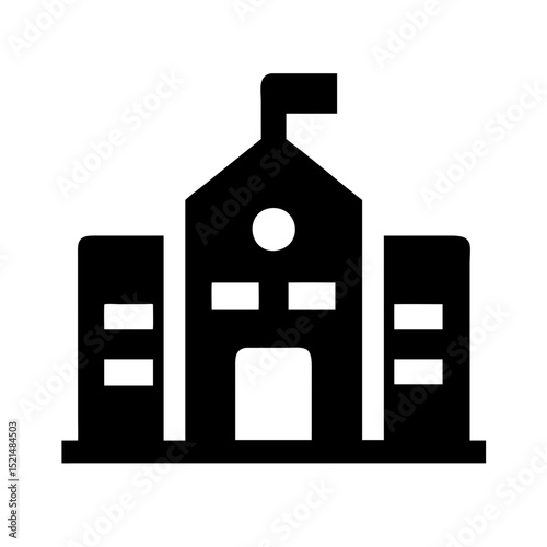 Simple black silhouette icon of a school building with flag