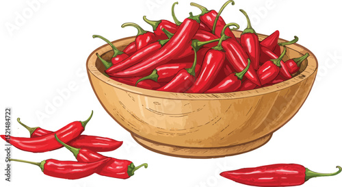 Red Chili Pepper in Wooden Bowl on White Background Vector Illustration
