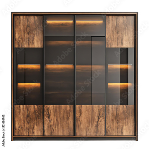 Stylish wooden cabinet with glass doors, perfect for modern interior design, showcasing a sleek and elegant storage solution.