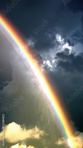 Vibrant rainbow arcing across a dramatic sky with dark storm clouds and a patch of sunlight breaking through, conveying hope and beauty
