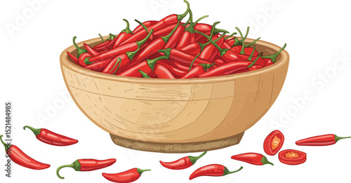 Red Chili Pepper in Wooden Bowl on White Background Design