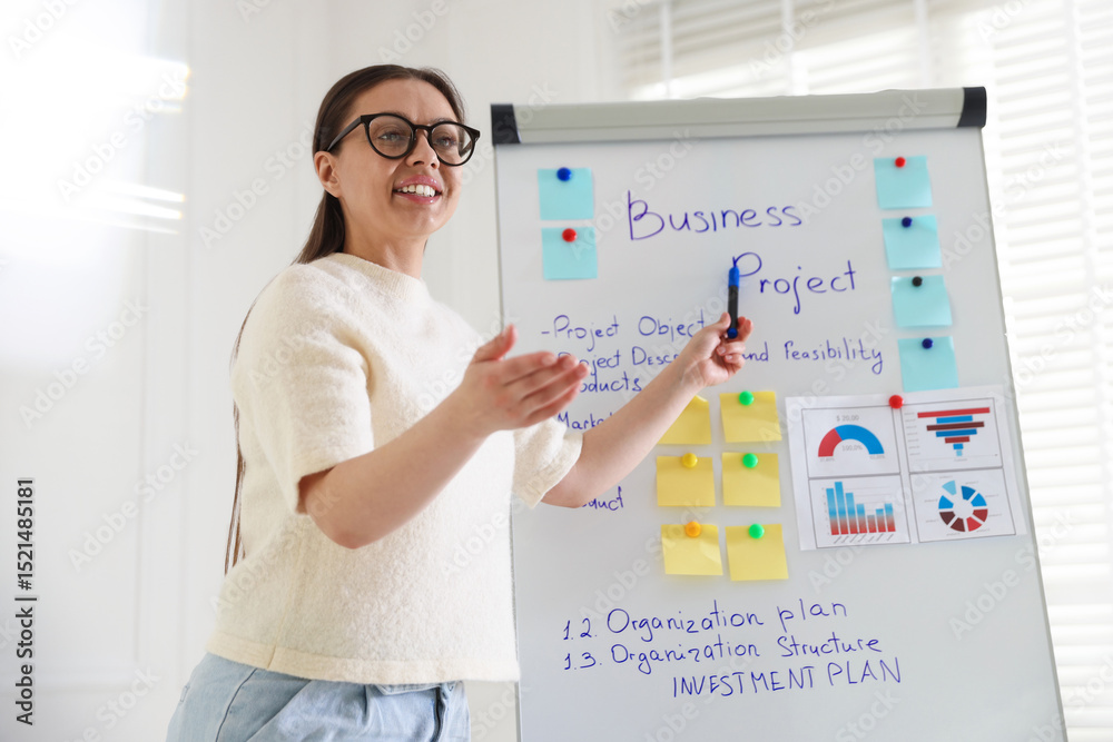 Fototapeta premium Woman giving public speech near whiteboard indoors, low angle view