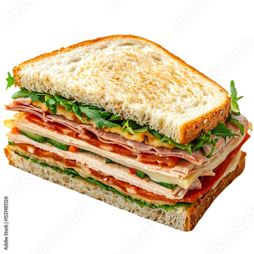 A delicious, multi-layered sandwich filled with fresh vegetables, meats, and sauces, ideal for a satisfying meal.