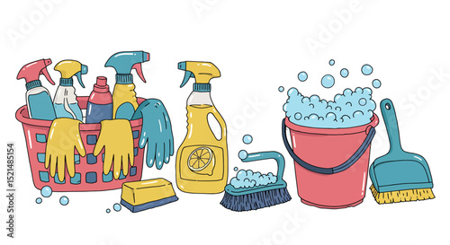 Cleaning supplies collection for home maintenance and organization vector illustration