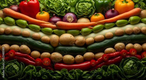 Rows Of Colorful Fresh Vegetables And Greens Arranged As Food Art