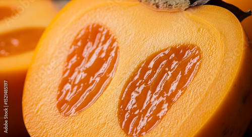 Exotic Persimmon Cut In Half Close Up With Visually Appealing Texture