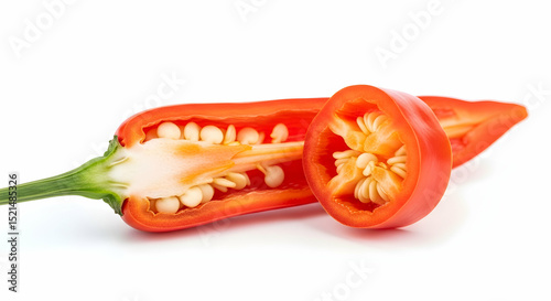 Halved Red Chili Pepper Reveals Seeds And Inner Details On White Backdrop