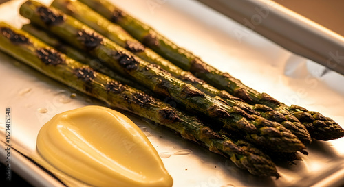 Perfectly Grilled Asparagus Spears Served with a Creamy, Rich Sauce on a Platter