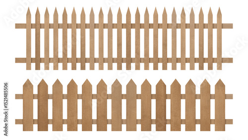 Brown wooden fence or picket fence isolated on white background. Object with clipping path