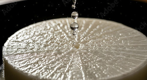 Radish Slice Receiving a cascade of Fresh Water Droplets on Dark Backdrop