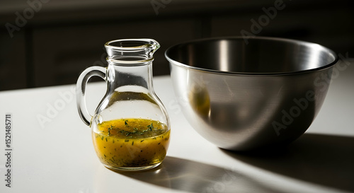 Gourmet Preparation Ingredients Featuring Fresh Dressing and Kitchen Utensil