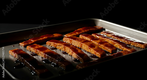 Delicious Tempeh Strips Glazed With Sweet Sauce On Baking Tray