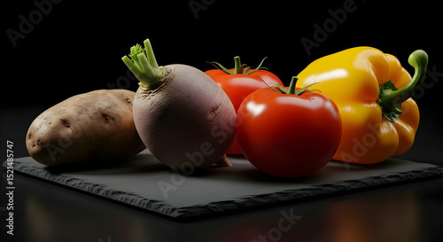 Artistic Arrangement Of Fresh Vegetables On A Dark Slate Board Backdrop