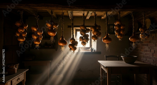 Rustic Kitchen Still Life With Hanging Onions and Sunbeams Shining Through Window
