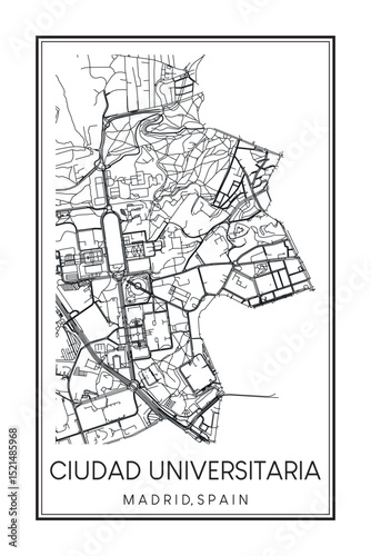 Hand drawn printable downtown road map poster of borough CIUDAD UNIVERSITARIA of the Spanish city of MADRID on solid white background with city name