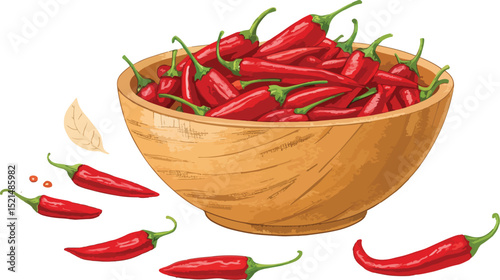 Red Chili Pepper in Wooden Bowl Vector Design