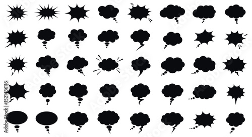 Collection of comic speech bubbles and explosive burst icons for creative design vector illustration
