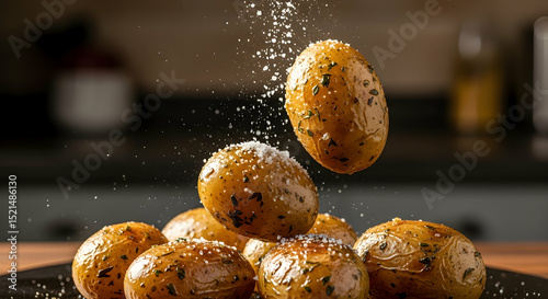 Golden Potatoes Falling On Top Of The Others With A Touch Of Salt
