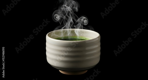 Steaming Matcha Bowl Creates a Serene Still Life Against Black Backdrop