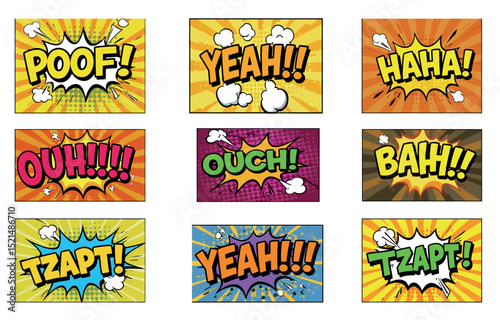 Colorful comic book sound effects design for pop art and graphic posters vector illustration