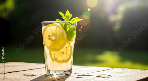 Refreshing Lemonade With Mint Served Outdoor On Sunny Day Summer Time