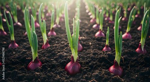 Rows Of Onions Sprouting In Rich Soil Under Sunlight At Agriculture Field
