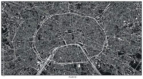 Detailed black and white map of paris with streets and landmarks vector illustration