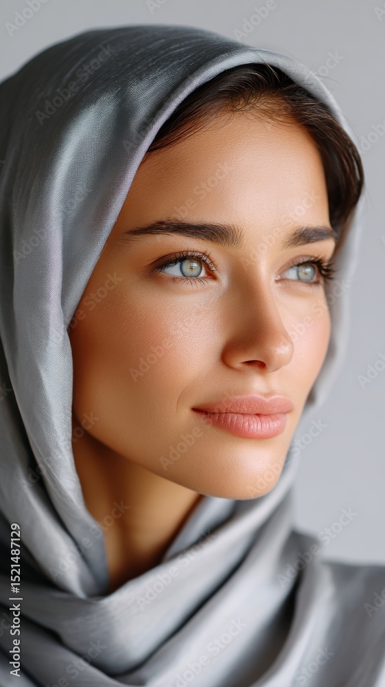 Portrait of a Young Woman in Shimmering Gray Abaya and Scarf Gazing Thoughtfully with Soft Natural Lighting Portrait of a Young Woman in Shimmering Gray Abaya and Scarf Gazing Thoughtfully with Soft Natural Lighting