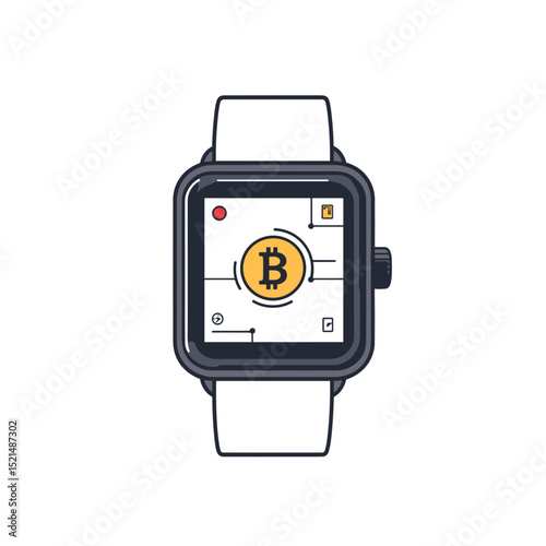 Square Smart Watch Displaying Bitcoin in Pixel Art on a White Background