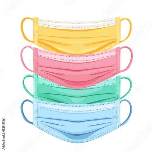 Stack of Colorful Pastel Face Masks for Health Protection and Virus Prevention with Surgical Style on a White Background