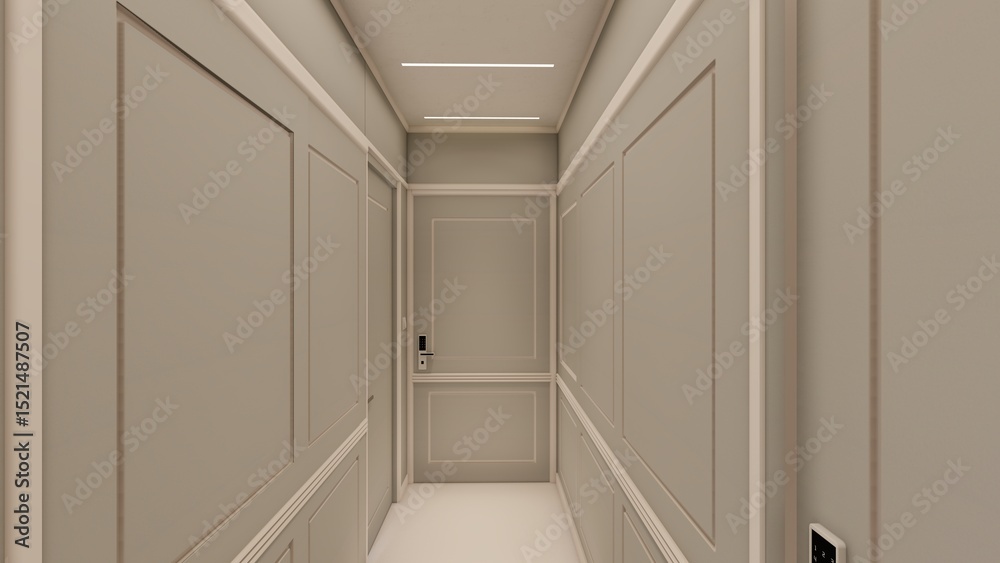Fototapeta premium Vintage wainscoting wall paneling and minimalist Door with digital Lock in neutral toned Interior hallway
