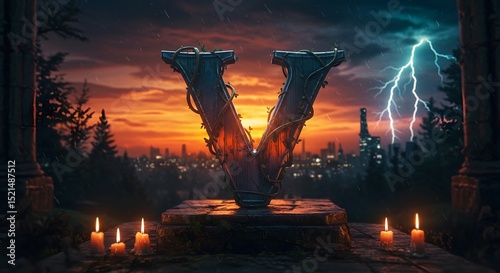 Letter V on Stone Pedestal at Sunset with Lightning and Candles