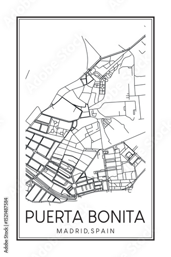 Hand drawn printable downtown road map poster of borough PUERTA BONITA of the Spanish city of MADRID on solid white background with city name