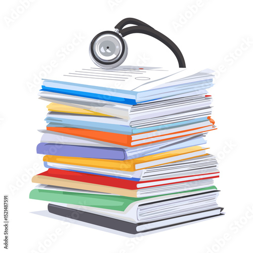 Stack of Medical Paperwork with Stethoscope Isolated on White Background for Healthcare Education and Business in Flat Vector Illustration