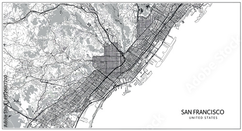 Detailed map of san francisco city streets and geographic features vector illustration