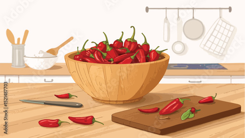 Red Chili Pepper in bowl in Kitchen Vector Illustration