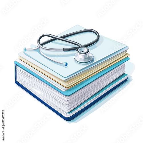 Stethoscope Resting on Stack of Light Blue Medical Books Representing Healthcare Education and Medical Knowledge with Diagnostic Tools