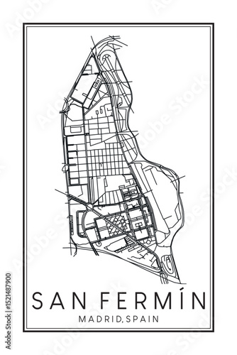 Hand drawn printable downtown road map poster of borough SAN FERMÍN of the Spanish city of MADRID on solid white background with city name