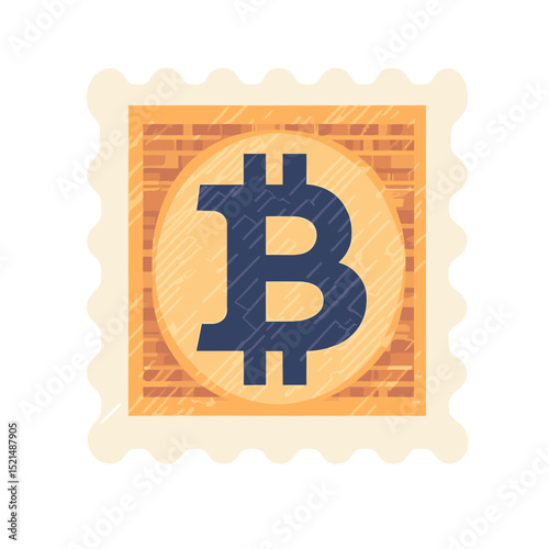 Stylized Bitcoin Symbol on a Square Stamp with Brick Background in Beige and Brown Shades Digital Currency Concept