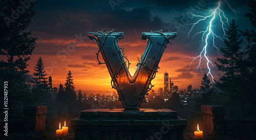 Letter V Displayed with Cityscape and Dramatic Sky