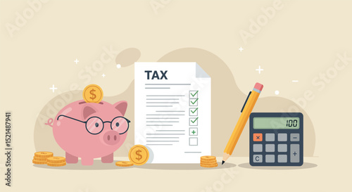 Financial planning and tax calculation with piggy bank and calculator concept vector illustration
