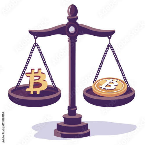 Stylized Scales Balancing Bitcoin Symbol And Coin Digital Finance Illustration Depicting Cryptocurrency Wealth Management And Investment Decision