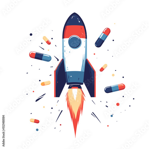 Stylized Rocket Ship Launching with Floating Capsules in White Background Medical Concept
