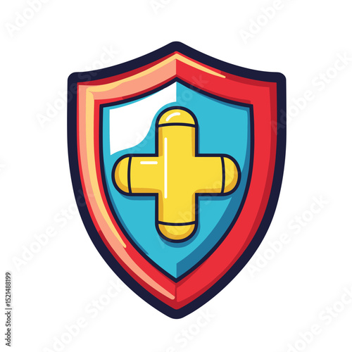 Stylized Shield with Red Border and Blue Fill Featuring a Yellow Cross Symbolizing Health Safety and Protection on White Background