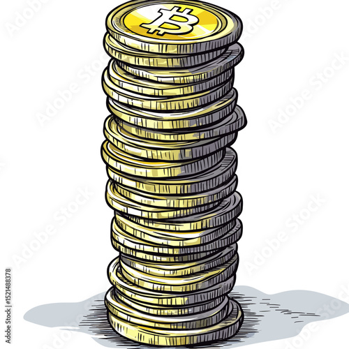 Tall Stack of Gold Bitcoin Currency Coins Digital Money and Financial Investment on White Background
