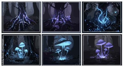 Illustrations of glowing trees and mushrooms in a dark forest with magical luminescence effect