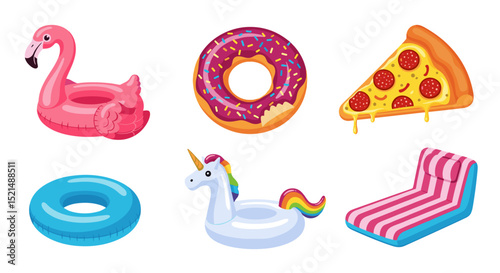 Illustration of six inflatable pool floats including flamingo donut pizza and unicorn shapes isolated